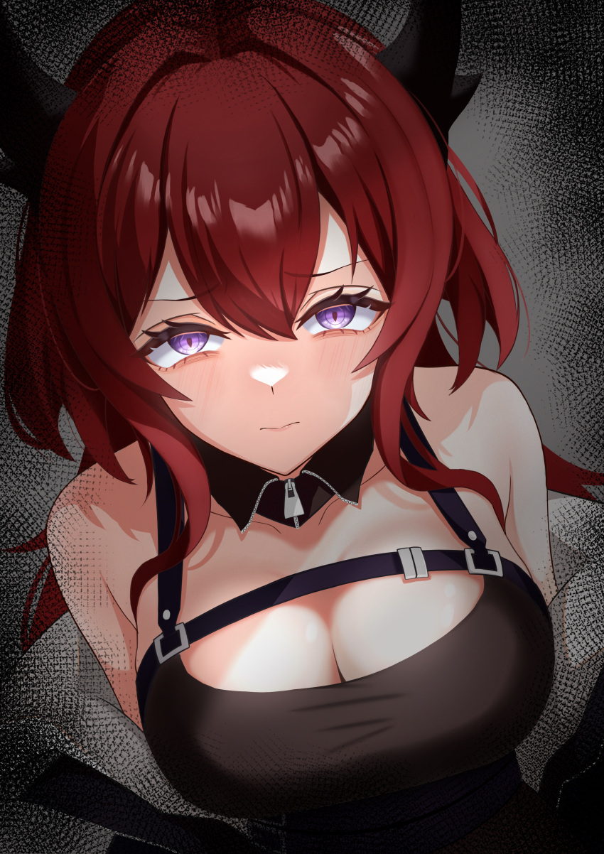 1girl absurdres arknights aura bare_shoulders black_background black_dress black_horns breasts cleavage close-up closed_mouth commentary_request commission dark_aura detached_collar dress from_above hair_between_eyes hair_intakes highres horns koki_(si61309) large_breasts light_blush long_hair looking_at_viewer off_shoulder purple_eyes red_hair scowl sidelocks skeb_commission solo staring strap surtr_(arknights) upper_body zipper zipper_pull_tab