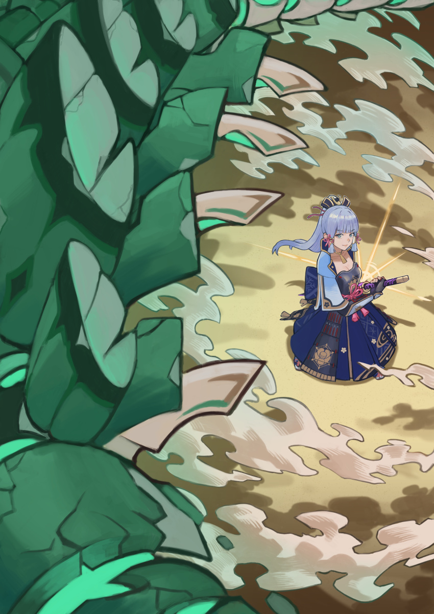 1girl absurdres afureru_colors back_bow blue_bow blue_eyes blue_hair blue_hakama bow fighting_stance genshin_impact hakama highres holding holding_sword holding_weapon japanese_clothes kamisato_ayaka light_blue_hair long_hair monster ponytail ready_to_draw sword weapon