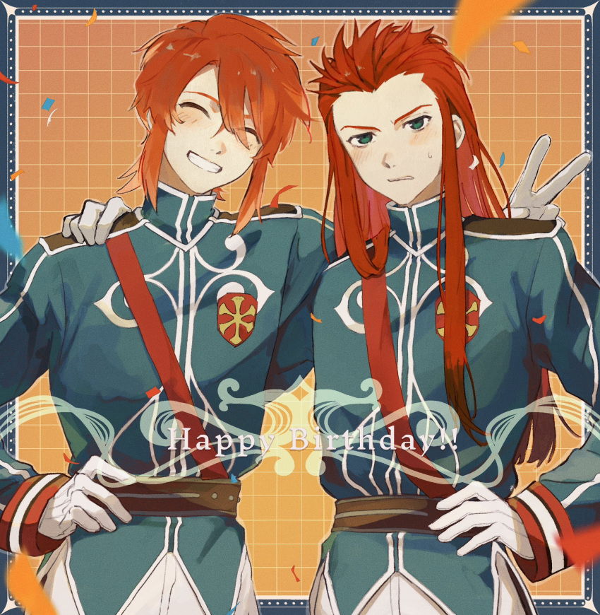 2boys asch_(tales) belt blue_jacket blush closed_eyes commentary_request confetti gloves green_eyes grin hair_between_eyes hair_slicked_back hand_on_another's_shoulder hand_on_own_hip happy_birthday high_collar highres jacket long_hair long_sleeves looking_at_viewer luke_fon_fabre male_focus meba multiple_boys official_alternate_costume official_alternate_hair_length official_alternate_hairstyle pants parted_lips red_hair short_hair sidelocks smile spiked_hair sweatdrop tales_of_(series) tales_of_the_abyss upper_body v white_gloves white_pants