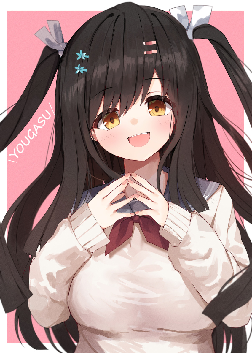 1girl :d absurdres black_hair blunt_ends blush border breasts commentary eyelashes eyes_visible_through_hair fingernails floating_hair grey_sailor_collar hair_ornament hair_ribbon hairclip hands_up happy highres large_breasts long_hair looking_at_viewer neckerchief nodoameyatou open_mouth own_hands_together pink_background red_neckerchief ribbon sailor_collar sanoba_witch school_uniform simple_background sleeves_past_wrists smile solo steepled_fingers sweater swept_bangs teeth togakushi_touko two_side_up upper_body upper_teeth_only very_long_hair white_border white_ribbon white_sweater yellow_eyes