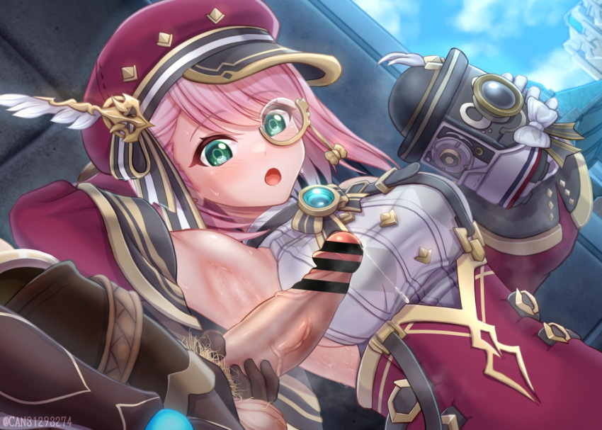 1boy 1girl aether_(genshin_impact) arm_up armpits bar_censor bare_shoulders blue_brooch blue_gemstone blush breasts cabbie_hat camera can_(canzume) censored charlotte_(genshin_impact) detached_sleeves gem genshin_impact gloves gold_trim_bow green_eyes hat hat_feather holding holding_camera lace-up_sleeves medium_breasts medium_hair monocle open_mouth penis pink_hair pubic_hair puffy_detached_sleeves puffy_sleeves red_headwear red_sleeves short_hair sideboob sweat upper_body white_gloves white_trim_bow
