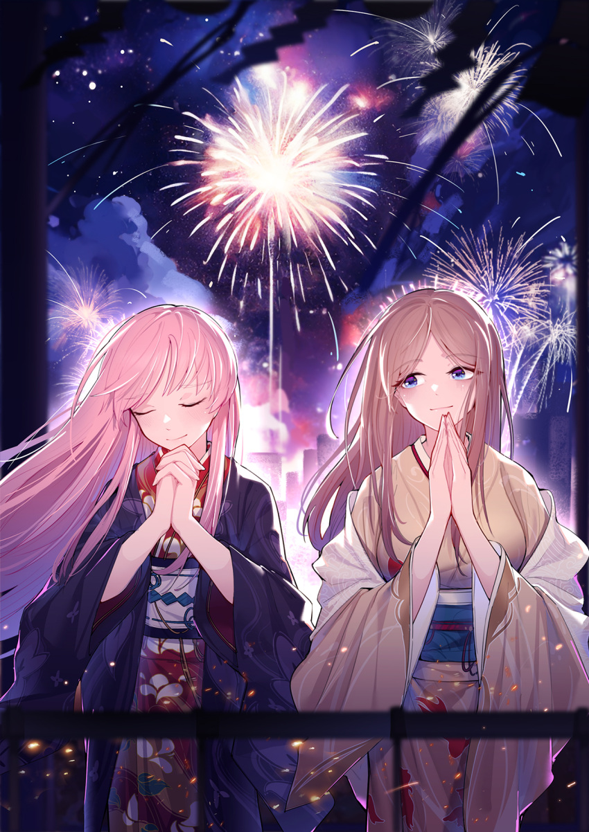 2girls bang_dream! bang_dream!_it's_mygo!!!!! blue_eyes brown_hair chihaya_anon chinese_commentary closed_mouth commentary_request fireworks highres interlocked_fingers japanese_clothes kimono long_hair looking_at_another looking_to_the_side multicolored_clothes multicolored_kimono multiple_girls nagasaki_soyo new_year obi own_hands_together pink_hair praying purple_kimono red_kimono sash sideways_glance yellow_kimono yun_cao_bing