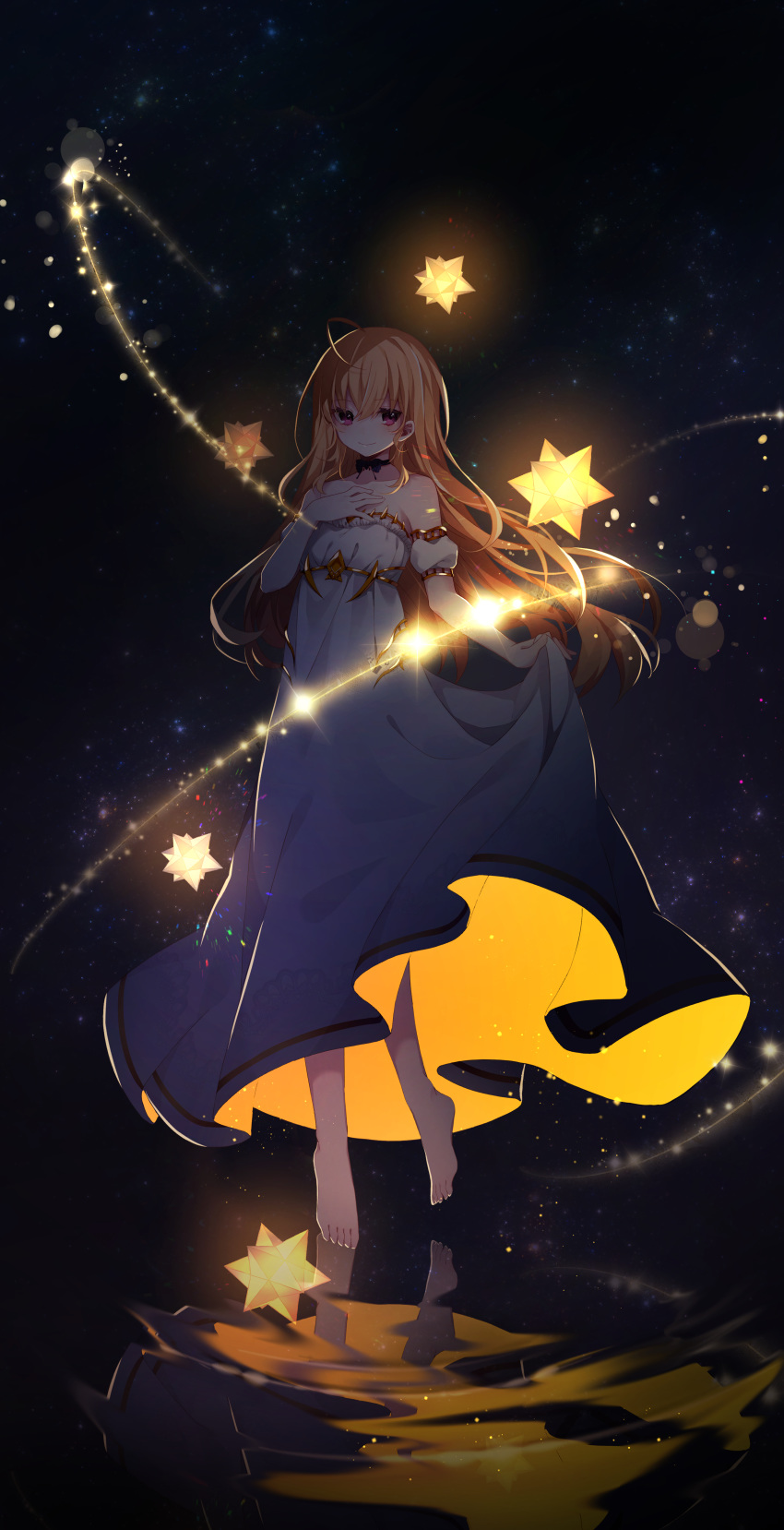 1girl absurdres ahoge barefoot black_choker blonde_hair blush choker closed_mouth commentary dress hazakura_chikori highres long_hair looking_at_viewer nijisanji purple_eyes reflection reflective_water ripples skirt_hold sleeveless sleeveless_dress smile solo star star_(sky) starry_background strapless strapless_dress symbol_commentary takamiya_rion virtual_youtuber water white_dress