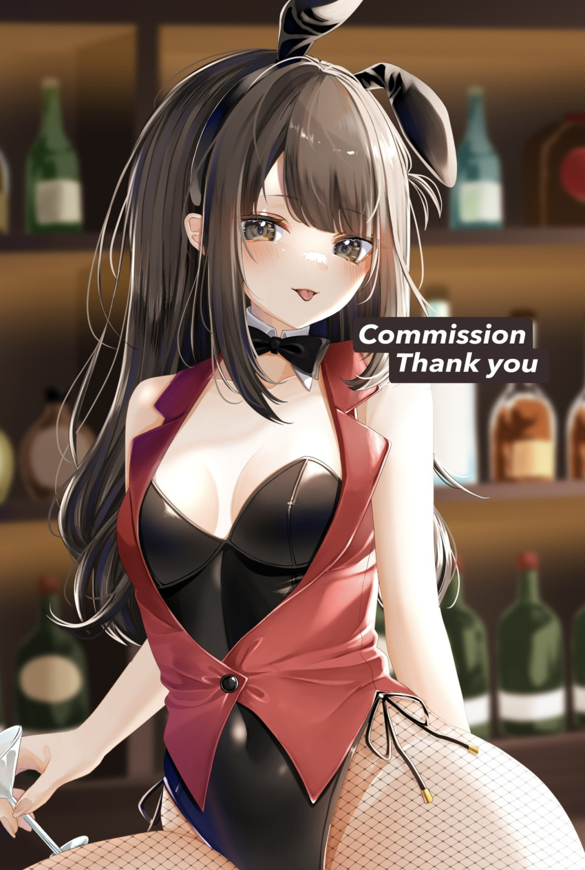 1girl :p akishino_yuzuki animal_ears black_bow black_bowtie black_leotard blush bow bowtie brown_eyes brown_hair commission covered_navel cup detached_collar fake_animal_ears fishnet_pantyhose fishnets highres holding holding_cup indie_virtual_youtuber leotard long_hair ohagetty pantyhose playboy_bunny rabbit_ears skeb_commission solo strapless strapless_leotard swept_bangs tongue tongue_out virtual_youtuber wing_collar