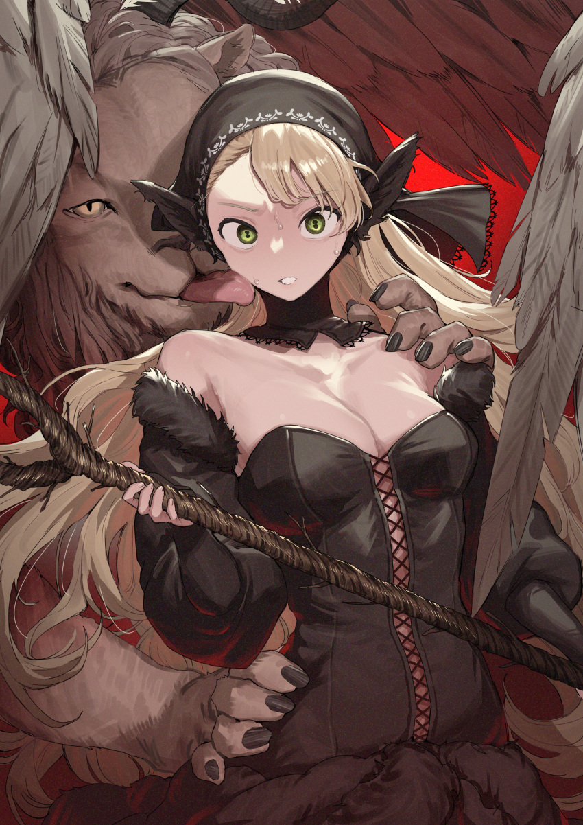 1girl absurdres black_dress blonde_hair breasts cross-laced_clothes cross-laced_dress dress dungeon_meshi elf fur_trim green_eyes highres holding holding_staff hooded_dress ie_(raarami) licking looking_at_viewer mage_staff marcille monster pointy_ears spoilers staff winged_lion_(dungeon_meshi)