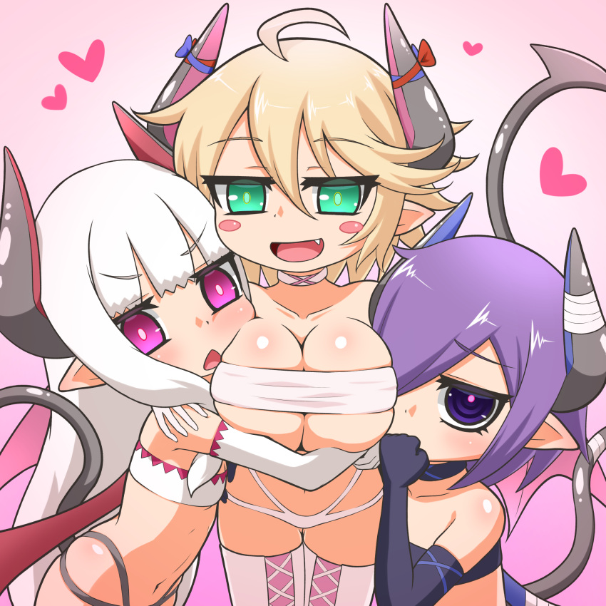 3girls ahoge arm_around_shoulder bandaged_horn bare_shoulders black_choker black_gloves black_panties blonde_hair blue_horns blue_ribbon blush blush_stickers boots breasts choker cleavage collarbone commentary_request covered_mouth cross-laced_footwear demon_girl demon_horns demon_tail demon_wings elbow_gloves fang flat_chest gint=ktouka gloves green_eyes grey_horns hair_between_eyes hair_over_one_eye heart highres horn_ornament horn_ribbon horns hug huge_breasts long_hair looking_at_viewer mon-musu_quest! monster_girl multicolored_horns multiple_girls navel open_mouth oppai_loli panties pink_background pink_eyes pink_horns pointy_ears purple_eyes purple_hair rami_(mon-musu_quest!) red_horns red_ribbon remi_(mon-musu_quest!) ribbon ringed_eyes rumi_(mon-musu_quest!) short_hair simple_background smile strapless tail thigh_boots triangle_mouth tube_top two-tone_horns underwear v-shaped_eyebrows very_long_hair white_choker white_gloves white_hair white_panties white_tube_top wings