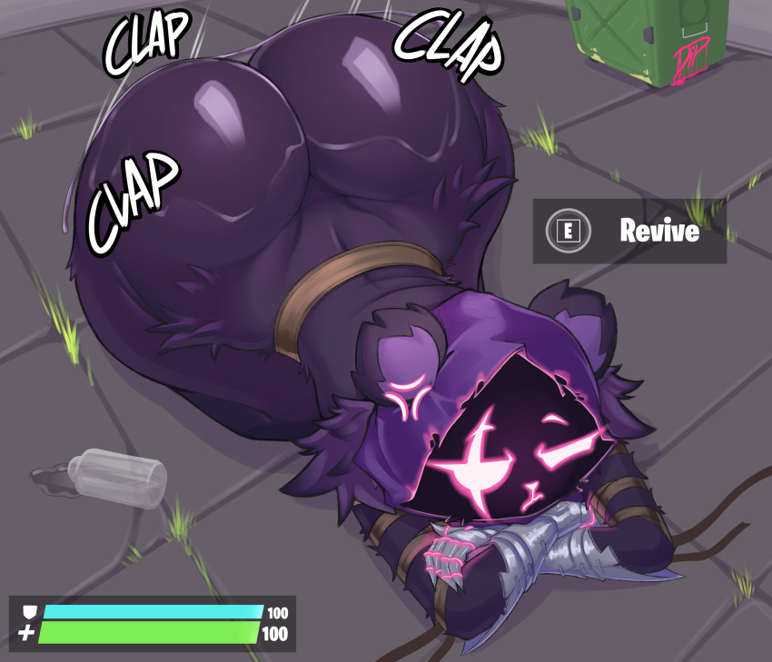 absurd_res ammunition anthro armor bear bear_ears belt big_butt bubble_butt butt claws clothing crossed_arms dipx duo epic_games feathers female first_person_view floor fortnite fortnite:_battle_royale fur gauntlets gloves grass handwear hi_res hoodie hud humanoid mammal oiled_body oiled_up pink_eyes pink_mouth pink_nose plant purple_body purple_clothing purple_fur purple_scales raven_team_leader scales scar solo text tile tile_floor topwear