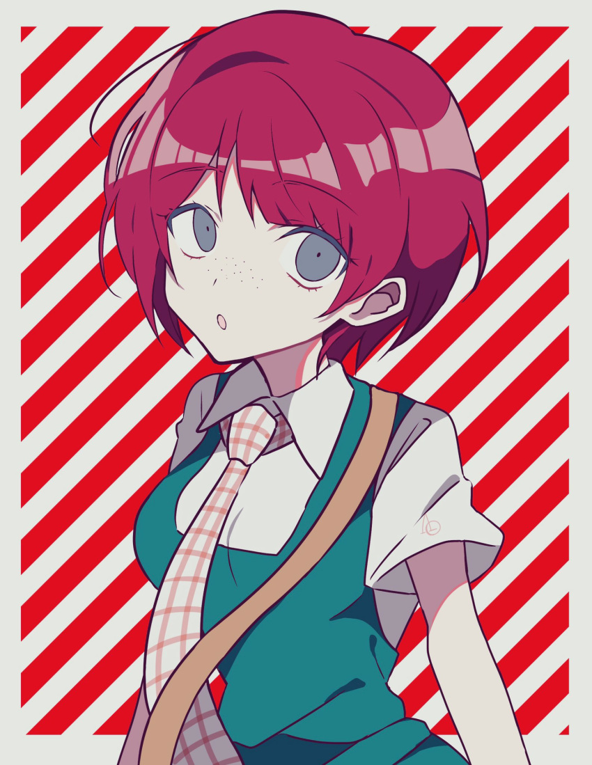 1girl :o bag breasts collared_shirt danganronpa_(series) danganronpa_2:_goodbye_despair dress freckles green_dress green_eyes highres koizumi_mahiru necktie plaid_necktie red_background red_hair shirt short_hair short_sleeves shoulder_bag small_breasts solo striped striped_background todoroki_gk2 upper_body white_background white_shirt