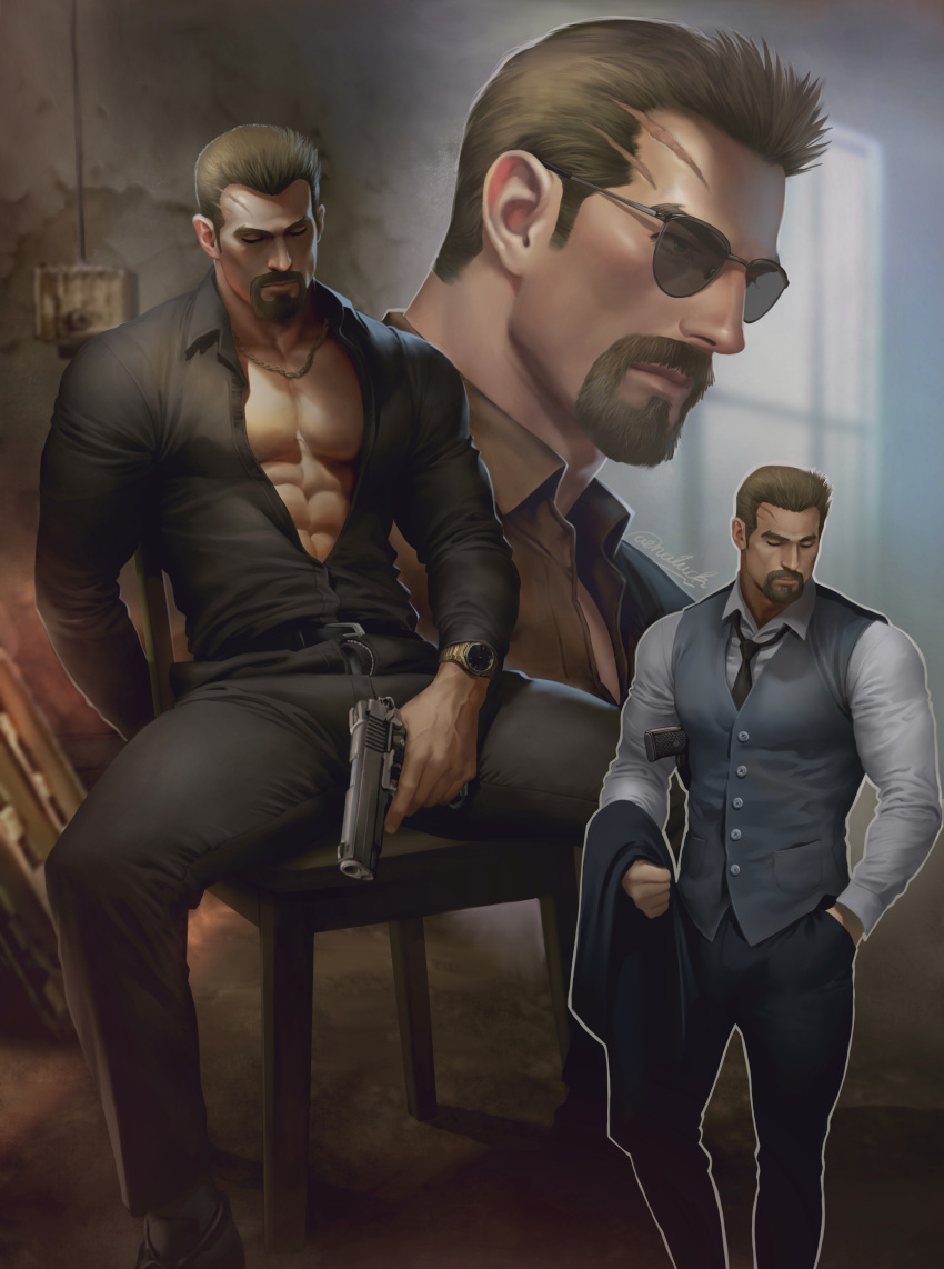 1boy absurdres aenaluck audec_(aenaluck) bara beard belt black_belt black_pants black_shirt closed_eyes collared_shirt facial_hair grey_vest gun highres holding holding_gun holding_weapon large_pectorals male_focus muscular muscular_male necktie original pants pectorals scar scar_on_face shirt sitting sunglasses vest weapon white_shirt