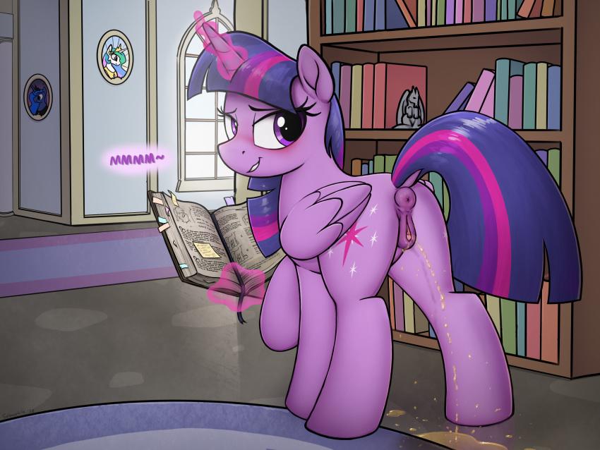 absurd_res animal_genitalia animal_pussy anus book bookshelf butt clitoris cutie_mark dock equid equine_pussy eyelashes female feral friendship_is_magic hi_res horn mammal my_little_pony peeing purple_eyes pussy selenophile solo twilight_sparkle_(mlp) urine watersports winged_unicorn wings