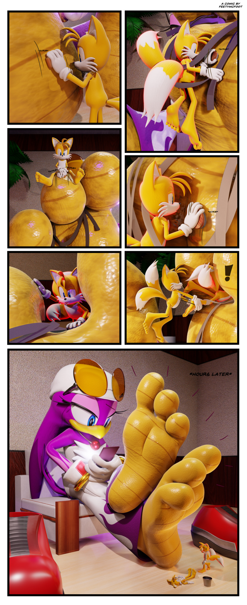 3_toes absurd_res anthro between_toes biped cleaning_feet clone dirty_feet feet feetymcfoot female foot_fetish foot_focus foot_play group hi_res male male/female micro miles_prower sega size_difference soles sonic_riders sonic_the_hedgehog_(series) tied_to_foot toes trio wave_the_swallow