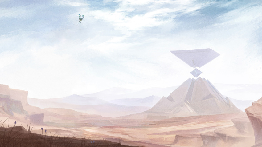 aircraft anna_(drw01) commentary_request day desert genshin_impact grass highres hot_air_balloon mountainous_horizon no_humans outdoors overcast pyramid_(structure) sand scenery sky
