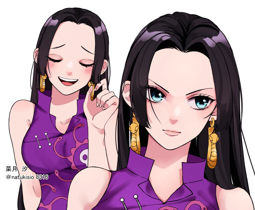 2girls artist_name bare_shoulders blue_eyes blush boa_hancock closed_eyes closed_mouth dual_persona earrings highres jewelry long_hair multiple_girls natsuki_shio one_piece open_mouth simple_background snake_earrings teeth translation_request white_background