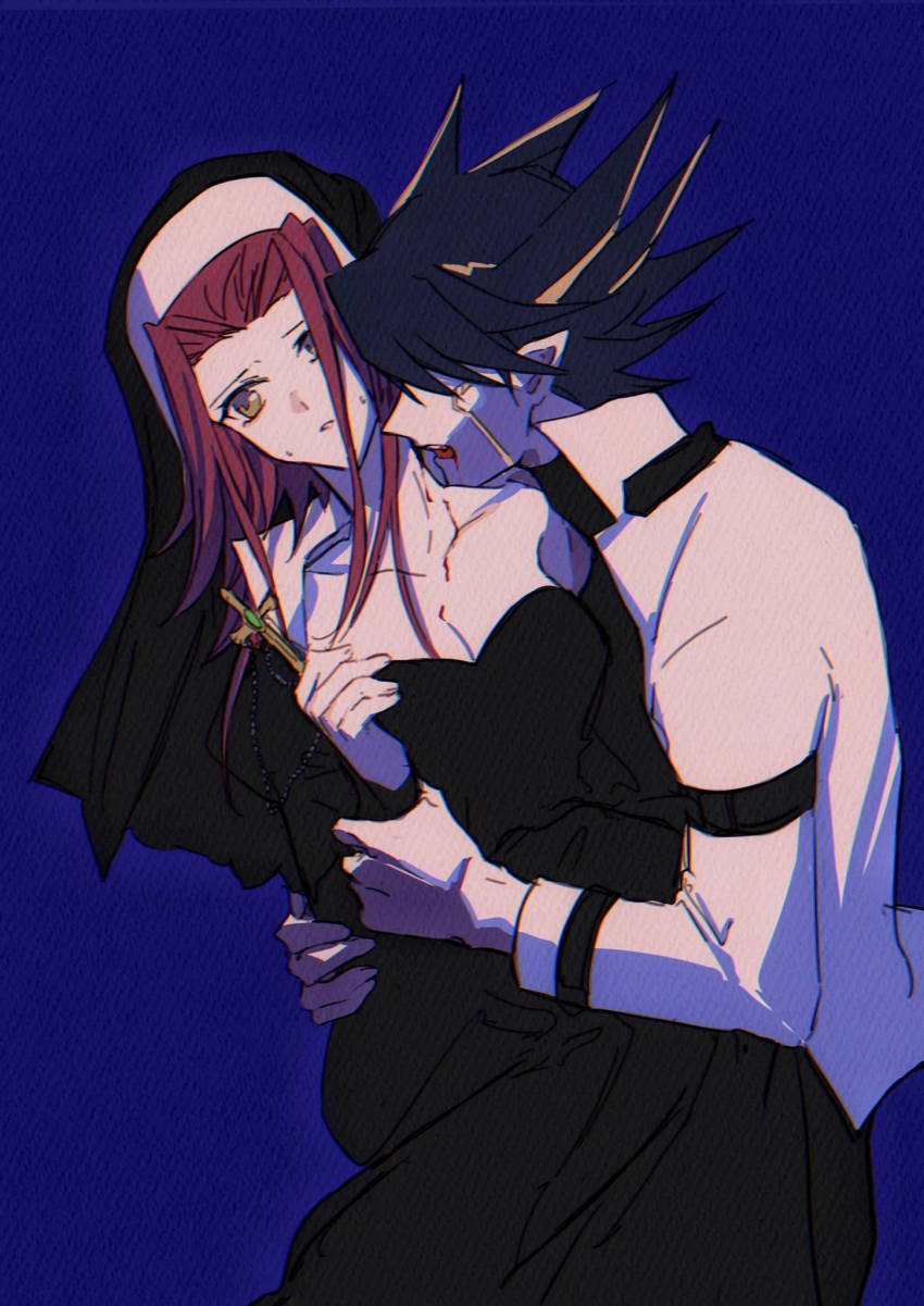 1boy 1girl alternate_costume alternate_species alternate_universe biting black_dress black_hair blood blue_background brown_eyes chinese_commentary commentary_request cross cross_necklace dazed dress facial_mark facial_tattoo fudou_yuusei habit hair_over_eyes halloween hand_on_another's_waist hand_up hetero high_collar highres holding holding_another's_wrist holding_cross holding_jewelry holding_necklace izayoi_aki jacket jewelry juliet_sleeves leaning_forward long_hair long_sleeves multicolored_hair naoki_(2rzmcaizerails6) neck_biting necklace nun parted_bangs parted_lips partial_commentary pointy_ears puffy_sleeves red_hair rosary short_hair spiked_hair streaked_hair tattoo vampire white_jacket yu-gi-oh! yu-gi-oh!_5d's