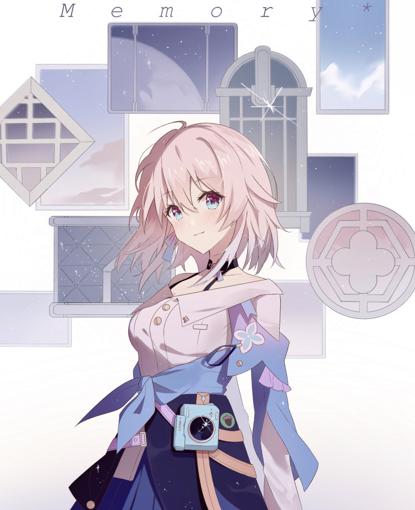 1girl absurdres acorn arms_at_sides badge black_choker black_corset blue_eyes blue_jacket blue_skirt blush breasts button_badge buttons camera chinese_commentary choker commentary_request corset dress_shirt earrings english_text flower_ornament glint highres honkai:_star_rail honkai_(series) jacket jewelry long_sleeves looking_at_viewer march_7th_(honkai:_star_rail) medium_breasts medium_hair pink_eyes pink_hair pleated_skirt shirt single_earring skirt solo tied_jacket two-tone_eyes underbust upper_body weishengshu_eko white_shirt