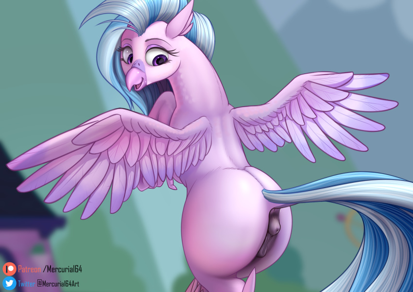 2019 anus avian beak blurred_background but clothing feathered_wings feathers female feral friendship_is_magic hi_res hippogryph mercurial64 my_little_pony pussy silverstream_(mlp) solo spread_wings wings
