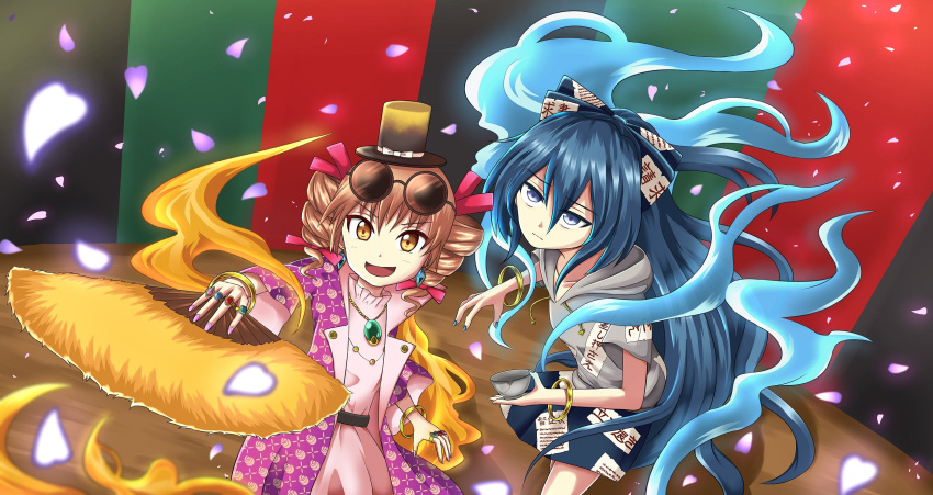 2girls blue_bow blue_eyes blue_hair blue_skirt bow brown_hair coat debt dress drill_hair eyewear_on_head fur_trim ginbuchi grey_shirt hair_bow hand_fan hat highres holding holding_fan hooded_shirt jacket jewelry looking_at_viewer looking_up mini_hat mini_top_hat miniskirt multiple_girls multiple_rings necklace open_mouth orange_eyes plaid plaid_jacket puffy_sleeves purple_coat purple_jacket ring round_eyewear shirt skirt smile top_hat touhou twin_drills yorigami_jo'on yorigami_shion