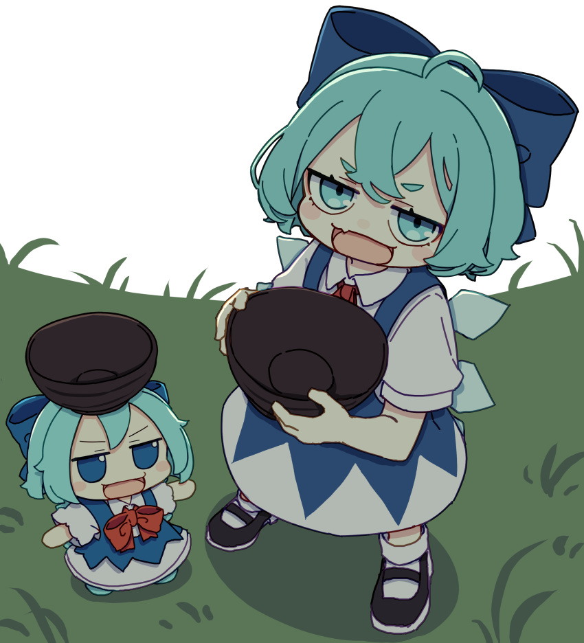 2girls absurdres black_footwear blue_bow blue_dress blue_eyes blue_hair blush_stickers bow bowl cirno collared_shirt dress dual_persona fairy fumo_(doll) hair_bow highres holding holding_bowl ice ice_wings kame_(kamepan44231) looking_at_viewer multiple_girls open_mouth shirt shoes short_hair short_sleeves smile socks touhou white_shirt white_socks wings