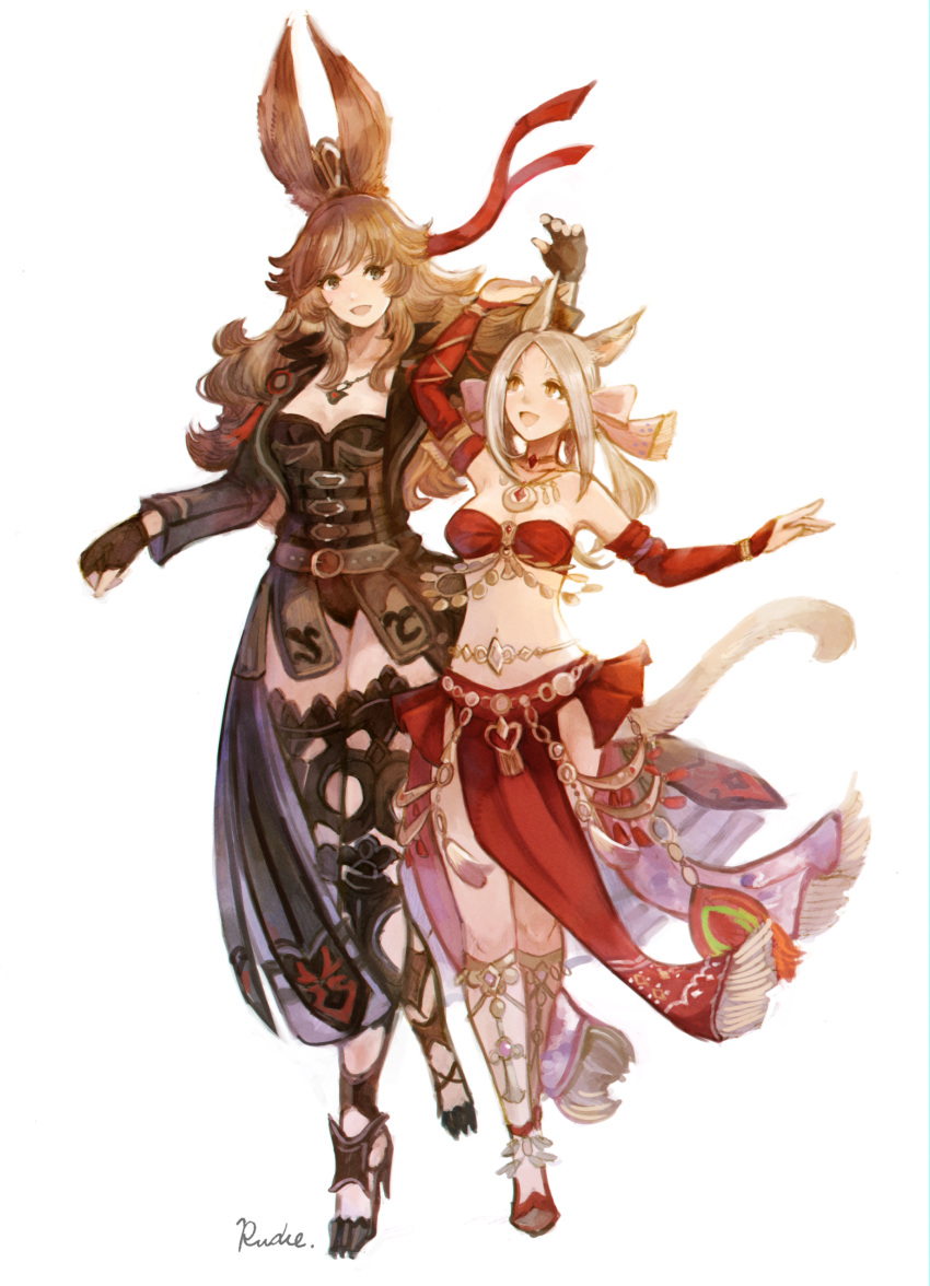 2girls absurdres animal_ears bandeau black_gloves blonde_hair boots breasts brown_eyes brown_hair cat_ears cat_tail dancer_(final_fantasy) detached_sleeves final_fantasy final_fantasy_xiv fingerless_gloves gloves high_heel_boots high_heels highres long_hair medium_breasts miqo'te monk_(final_fantasy) multiple_girls pelvic_curtain peppermint_jet rabbit_ears tail thigh_boots viera warrior_of_light_(ff14) white_background