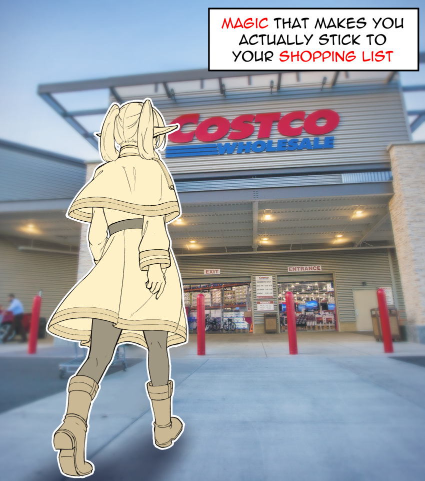 1girl absurdres black_pantyhose bollard boots border capelet costco dress elf english_text entrance frieren from_behind fukaikiri full_body hair_over_shoulder highres long_hair long_sleeves outdoors pantyhose photo_background pointy_ears shop shopping_cart solo sousou_no_frieren supermarket twintails walking white_border