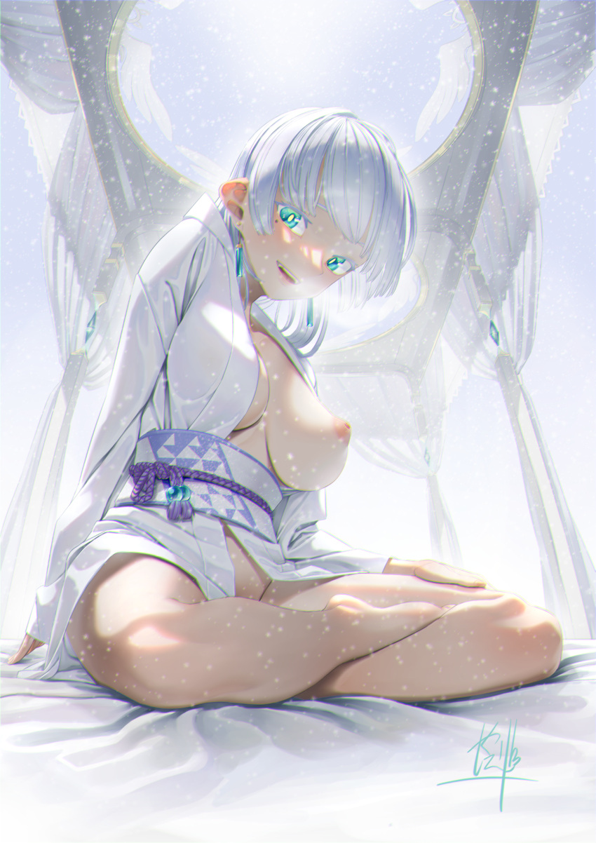 1girl barefoot bed breasts breath earrings fisheye full_body green_eyes groin hand_rest highres japanese_clothes jewelry kawarage kimono large_breasts long_hair long_sleeves looking_at_viewer mole mole_under_eye nipples no_bra no_panties obi one_breast_out open_clothes open_kimono open_mouth original sash sitting sleeves_past_wrists smile snowing solo white_hair yuki_onna