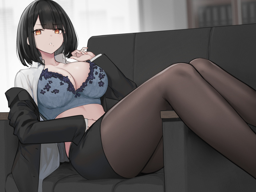 1girl black_hair black_jacket black_skirt bra breasts brown_pantyhose cleavage collarbone collared_shirt commentary_request couch dress_shirt grey_bra hayabusa highres indoors jacket large_breasts long_sleeves looking_at_viewer mole mole_on_breast mole_under_mouth non-web_source off_shoulder open_clothes open_jacket open_shirt orange_eyes original pantyhose parted_lips pencil_skirt shirt short_hair sitting skirt solo thighs underwear white_shirt