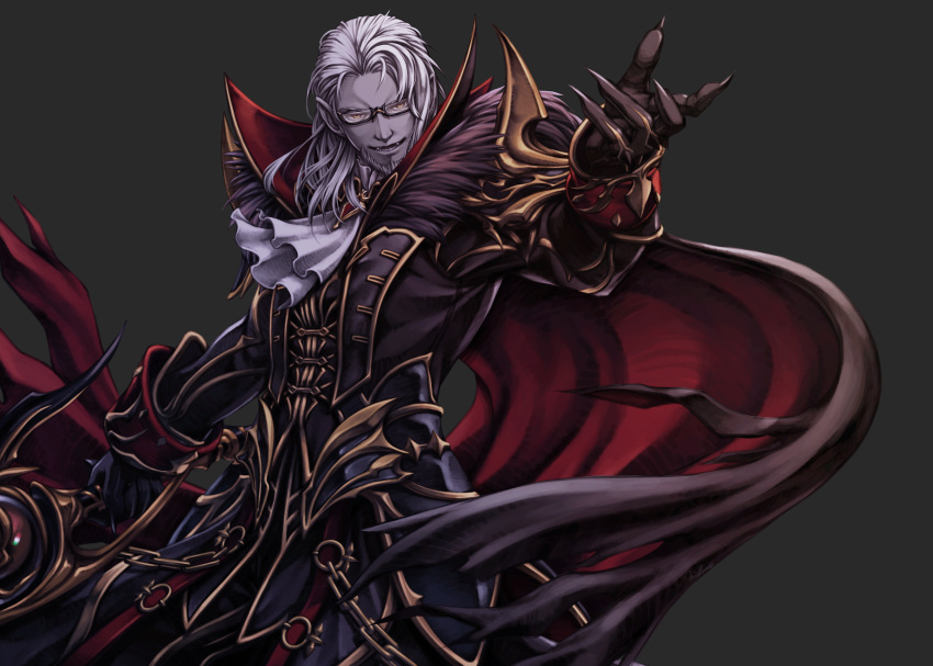 1boy arm_up ascot cape coat collared_cape colored_skin cowboy_shot facial_hair fangs final_fantasy final_fantasy_xiv fur_collar glasses gloves goatee grey_background grey_hair grey_skin half-closed_eyes hesperos high_collar highres holding holding_weapon long_hair long_sleeves male_focus mihira_(tainosugatayaki) open_mouth outstretched_arm pointy_ears semi-rimless_eyewear smile solo vampire weapon yellow_eyes