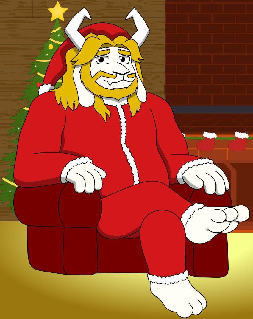 2023 3_toes absurd_res anthro asgore_dreemurr barefoot beard blonde_hair boss_monster bovid bovine caprine cel_shading christmas christmas_clothing christmas_headwear christmas_tree clothing facial_hair feet furniture goat hair hat headgear headwear hi_res holidays horn male mammal on_sofa plant reggie_rakun santa_hat shaded sitting sitting_on_sofa sofa star toes tree undertale undertale_(series)