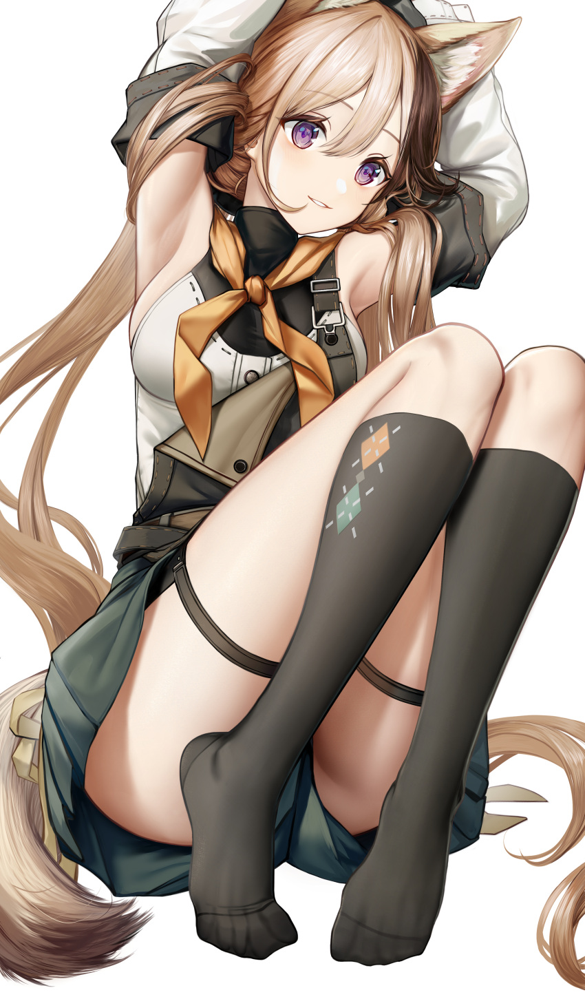 1girl absurdres animal_ear_fluff animal_ears argyle argyle_legwear arknights armpits arms_up black_socks brown_hair cardigan_(arknights) cardigan_(sunny_day)_(arknights) detached_sleeves extra_ears feet grey_shorts hair_between_eyes highres kneehighs knees_up legs long_hair long_sleeves looking_at_viewer multicolored_hair no_shoes nopetroto parted_lips purple_eyes shirt short_shorts shorts simple_background sleeveless sleeveless_shirt smile socks solo streaked_hair tail thigh_strap toes variant_set very_long_hair white_background white_shirt white_sleeves