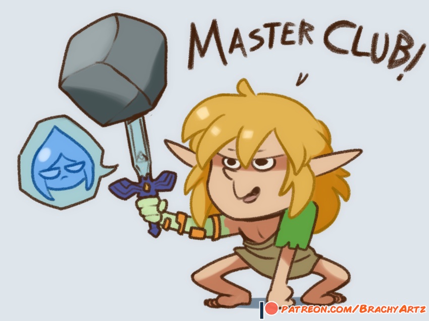 blonde_hair brachyzoid caveman clothing elf english_text female fi_(tloz) hair holding_object holding_sword holding_weapon humanoid humanoid_pointy_ears hylian light_body light_skin link long_hair male master_sword melee_weapon nintendo not_furry rock simple_background solo speech_bubble sword tears_of_the_kingdom text the_legend_of_zelda url weapon