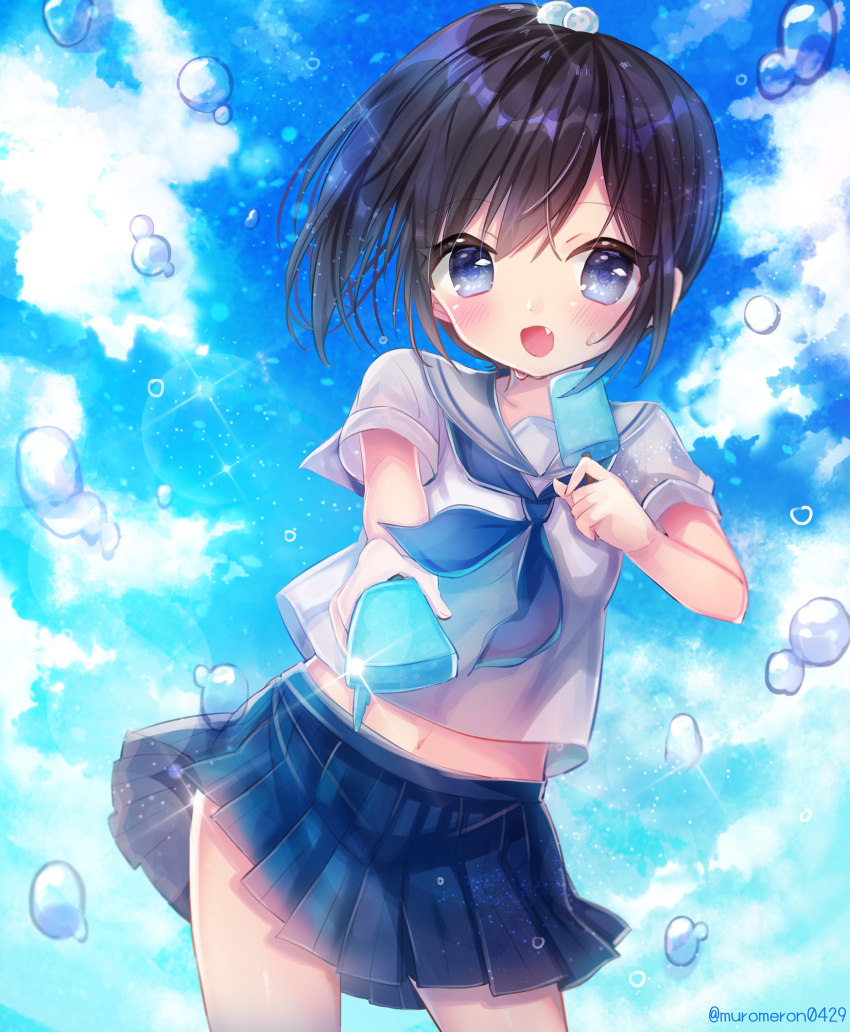1girl absurdres bangs black_hair blue_eyes blue_neckwear blue_skirt blue_sky blush cloud collarbone commentary_request contrapposto day eyebrows_visible_through_hair fang food hair_between_eyes hair_bobbles hair_ornament highres holding holding_food huge_filesize kohaku_muro looking_at_viewer navel neckerchief one_side_up open_mouth original outdoors pleated_skirt popsicle sailor_collar school_uniform serafuku shirt short_sleeves skirt sky solo twitter_username water_drop white_sailor_collar white_shirt
