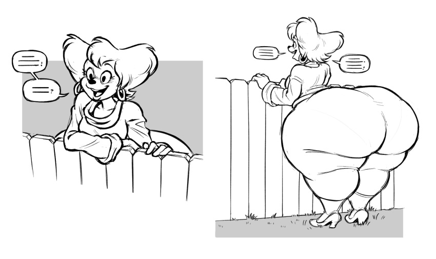 anthro big_butt bottomwear butt clothed clothing dialogue disney ear_piercing ear_ring eyelashes female fence footwear goof_troop hair hi_res high_heels huge_butt hyper hyper_butt mammal mature_female monochrome pants peg_pete piercing pupils ring_piercing shirt silverscarf smile solo speech_bubble thick_thighs topwear