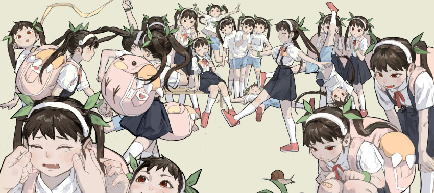 1girl 1other absurdres backpack bag bakemonogatari bandaid bandaid_on_knee bandaid_on_leg black_hair blue_skirt blush bracelet clone green_ribbon grey_background gym_shorts gym_uniform hachikuji_mayoi hair_ribbon hairband highres jewelry kneehighs long_hair monogatari_(series) neck_ribbon red_eyes red_footwear red_ribbon ribbon school_bag school_uniform shirt short_sleeves shorts simple_background skirt snail socks solipsist suspender_skirt suspenders t-shirt too_many twintails white_hairband white_shirt white_socks