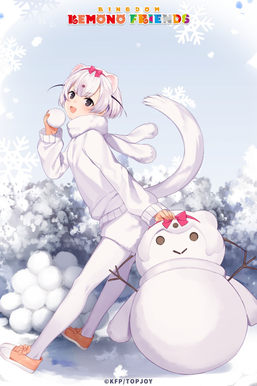1girl animal_ears black_eyes copyright_name extra_ears gloves grey_hair highres kemono_friends kemono_friends_kingdom least_weasel_(kemono_friends) looking_at_viewer official_art outdoors pantyhose ribbon scarf shoes short_hair shorts snow snowball snowman solo sweater tail weasel_ears weasel_girl weasel_tail