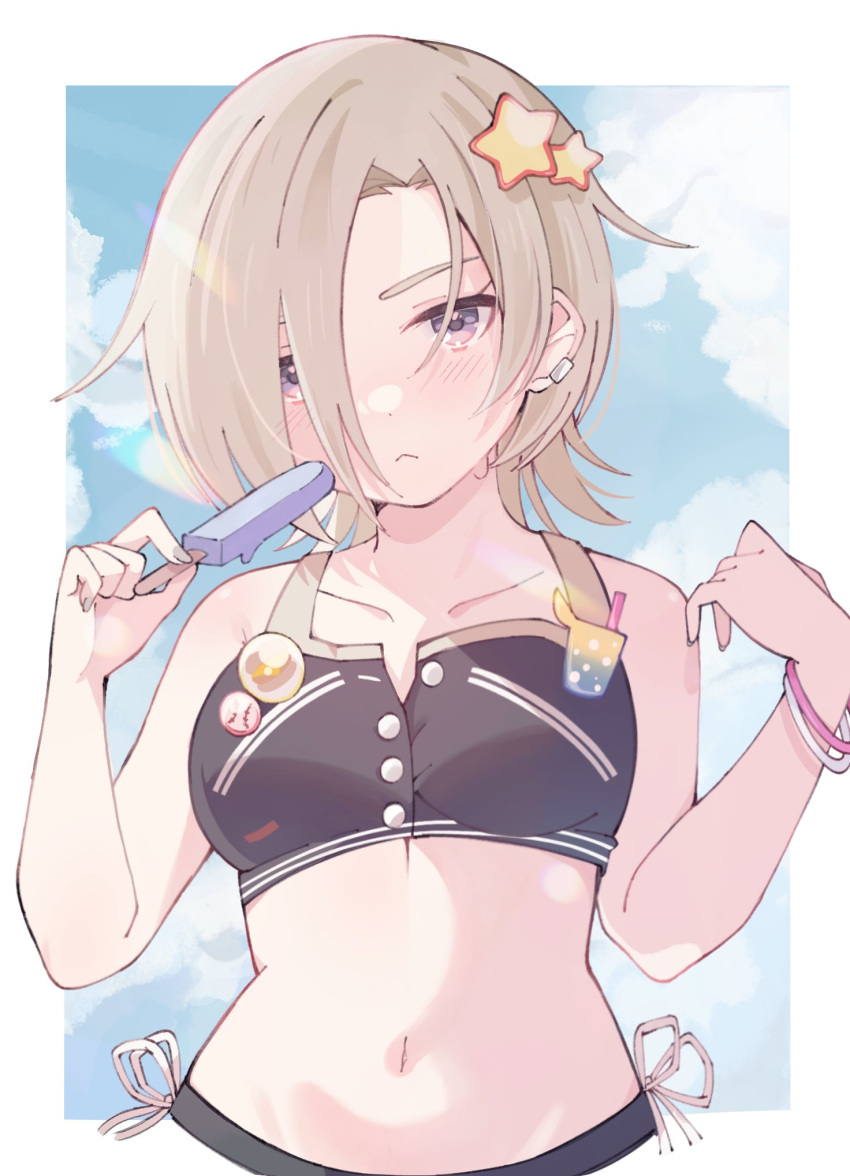 1girl bikini black_bikini blonde_hair breasts closed_mouth collarbone food hair_over_one_eye highres holding holding_food holding_popsicle looking_at_viewer love_live! love_live!_nijigasaki_high_school_idol_club medium_breasts mia_taylor navel notyu_maru popsicle purple_eyes short_hair solo stomach swimsuit upper_body