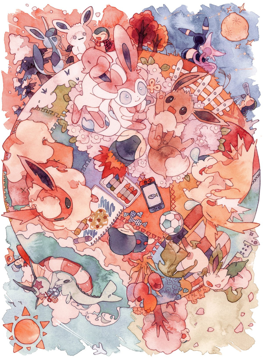afloat ball bright_pupils closed_mouth commentary crayon cyndaquil drawing eevee espeon falling_petals fence flareon glaceon grey_eyes highres innertube jolteon leafeon lying moon nintendo_switch no_humans oharu-chan on_back petals poke_ball_print pokemon pokemon_(creature) sketchbook smile soccer_ball sparkle sun sylveon tree umbreon vaporeon water white_pupils