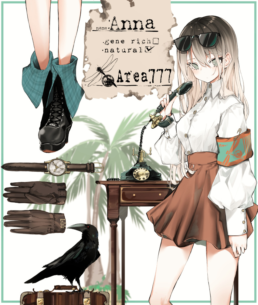 1girl antique_telephone bangs bird bird_request black_footwear blonde_hair brown_gloves brown_skirt buttons character_name character_profile character_sheet collared_shirt cross-laced_footwear gloves gloves_removed gradient_hair green_eyes high-waist_skirt highres holding holding_phone long_hair long_sleeves looking_at_viewer luggage multicolored_hair naruwe nightstand original palm_tree phone puffy_long_sleeves puffy_sleeves raven_(animal) safety_pin shirt sidelocks skirt straight_hair tree watch white_shirt wristwatch