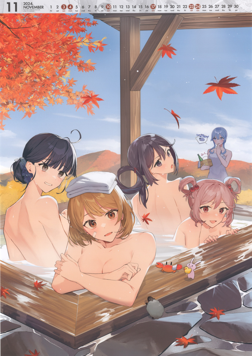 5girls absurdres ahoge akebono_(kancolle) back bandaid bandaid_on_face bare_back blue_eyes blue_hair blush breasts brown_eyes brown_hair crab drew_(drew213g) goat gotland_(kancolle) grey_eyes hair_between_eyes hair_bobbles hair_bun hair_ornament hair_rings highres image_sample kantai_collection large_breasts long_hair looking_at_viewer medium_breasts medium_hair mole mole_under_eye multiple_girls naked_towel nude oboro_(kancolle) official_alternate_hairstyle official_art onsen open_mouth pink_eyes purple_eyes purple_hair rabbit sazanami_(kancolle) short_hair single_hair_bun single_hair_ring smile topless towel towel_on_head ushio_(kancolle) yandere_sample