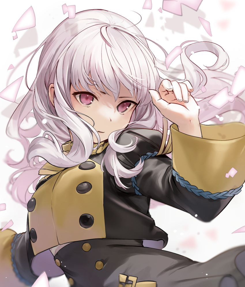 1girl buttons fire_emblem fire_emblem:_three_houses floating_hair garreg_mach_monastery_uniform haru_(nakajou-28) highres juliet_sleeves long_hair long_sleeves looking_at_viewer lysithea_von_ordelia pink_eyes puffy_sleeves solo uniform white_background white_hair wide_sleeves