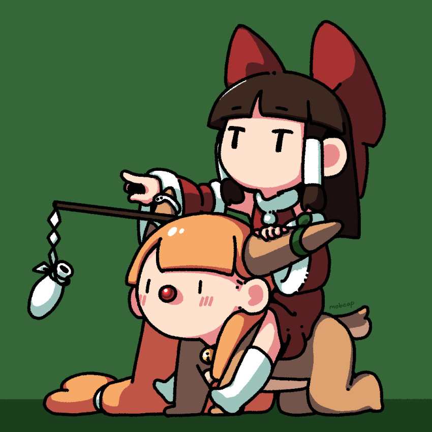 2girls animal_costume artist_name bell blonde_hair bottle bow brown_hair cosplay detached_sleeves fur-trimmed_collar fur-trimmed_sleeves fur_trim gohei hair_bow hair_tubes hakurei_reimu holding_another's_horns horn_ornament horns ibuki_suika long_hair mobcap multiple_girls neck_bell no_mouth no_shoes pointing pointing_forward red_nose reindeer_costume rudolph_the_red_nosed_reindeer rudolph_the_red_nosed_reindeer_(cosplay) sake_bottle santa_costume socks white_socks |_|