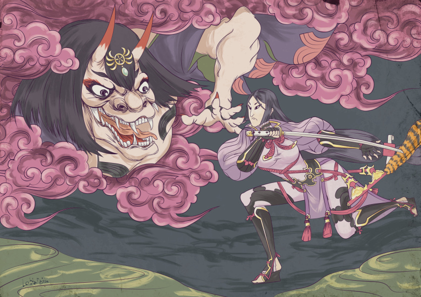 2girls black_hair bob_cut boots breasts fangs fate/grand_order fate_(series) fingerless_gloves flat_chest gloves highres horns japan japanese_clothes large_breasts lolita_majin long_hair minamoto_no_raikou_(fate) multiple_girls nail_polish nihonga oni oni_horns parody parted_bangs puffy_sleeves purple_hair red_nails short_hair shuten_douji_(fate) style_parody tongue ukiyo-e