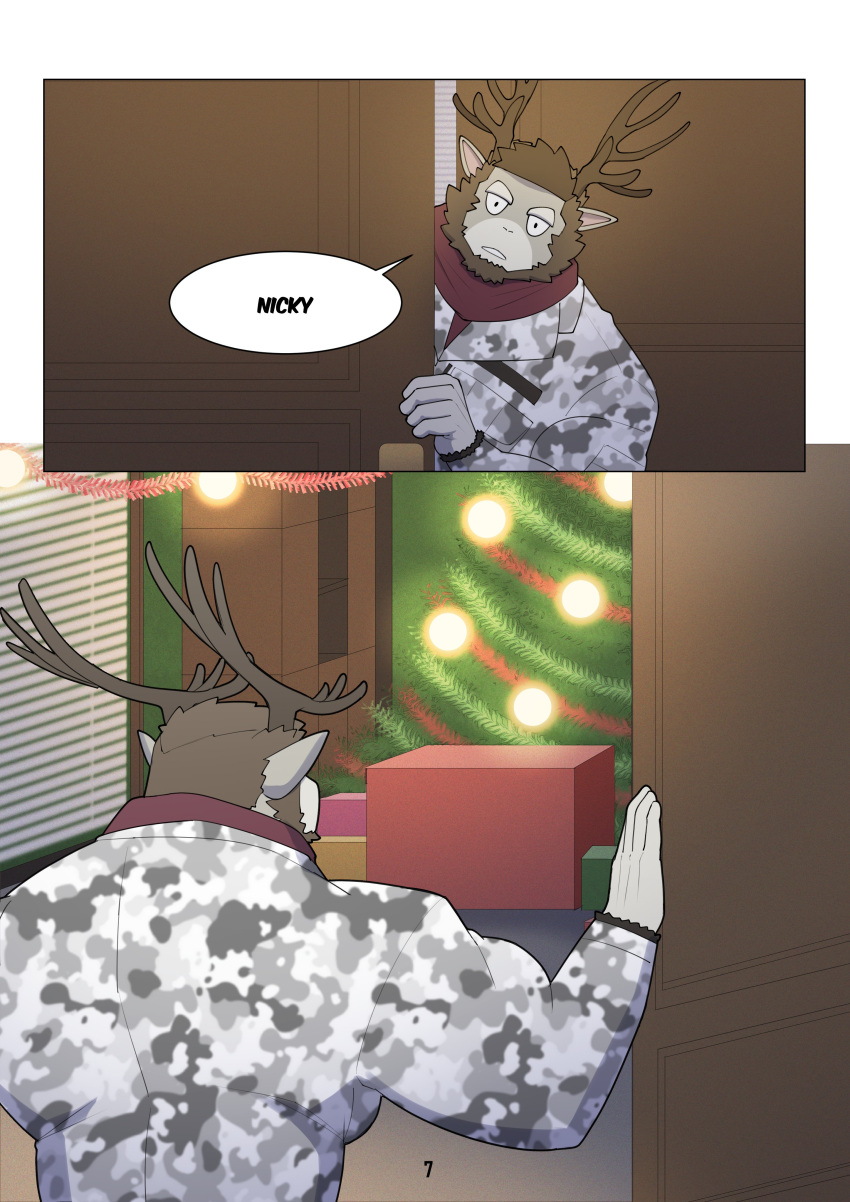 2023 absurd_res anthro antlers blinds box brown_hair camo camo_clothing camo_jacket camo_print camo_topwear christmas christmas_lights christmas_tree clothing comic container decoration deer dialogue fur hair hi_res holidays horn inside jacket male mammal new_world_deer opening_door owen_brayden page_number pattern_clothing pattern_topwear plant red_scard reindeer sir_z045 solo speech_bubble tan_body tan_fur topwear tree