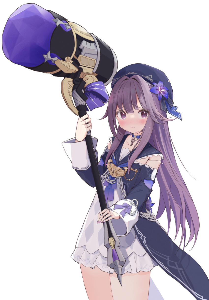 1girl beret chain choker clothing_cutout cowboy_shot doll_joints flower hair_flower hair_ornament hammer hat herta_(honkai:_star_rail) highres holding holding_hammer holding_weapon honkai:_star_rail honkai_(series) joints key lock looking_at_viewer purple_eyes purple_hair purple_nails safety_pin shiisaa3 shoulder_cutout simple_background solo weapon white_background
