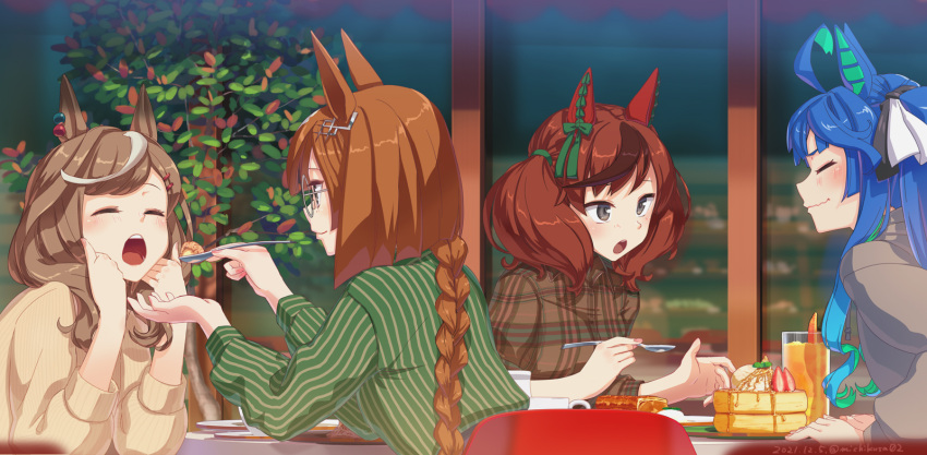 4girls ahoge animal_ears aqua_hair blush bow braid braided_ponytail brown_hair brown_sweater cake closed_eyes closed_mouth collared_shirt commentary_request cup dated ear_covers ear_ornament elbows_on_table feeding food glasses green_shirt grey_eyes hair_bow hair_ornament hairclip highres holding holding_spoon horse_ears ikuno_dictus_(umamusume) long_hair long_sleeves matikane_tannhauser_(umamusume) medium_hair multicolored_hair multiple_girls nice_nature_(umamusume) open_mouth outdoors pancake plaid plaid_shirt plant plate round_eyewear shirt sitting smile spoon streaked_hair sweater table takuzui twin_turbo_(umamusume) twintails twitter_username two-tone_hair umamusume wavy_mouth window