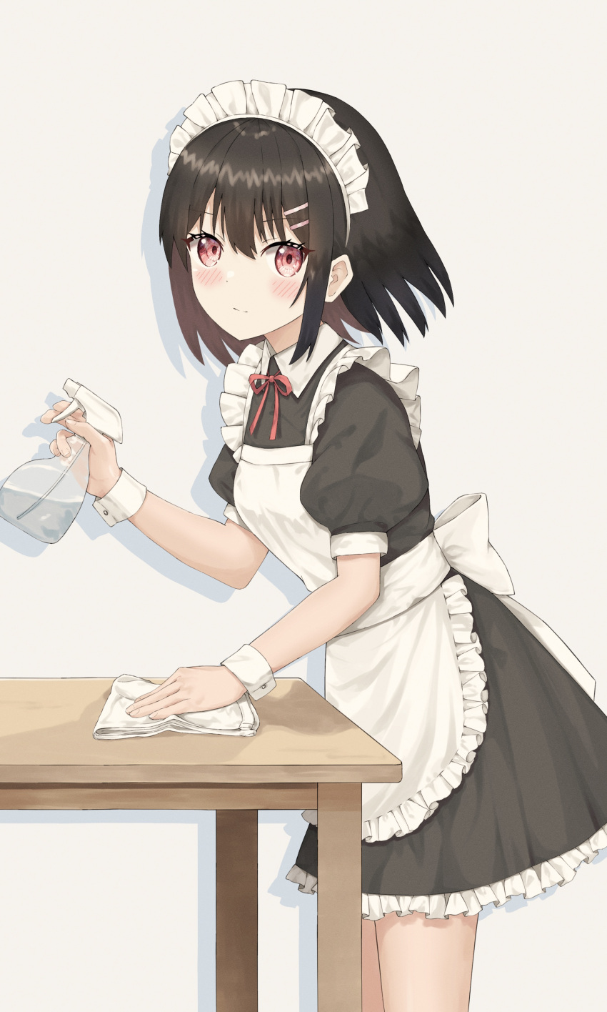 1girl absurdres apron black_dress black_hair blush bob_cut bottle cleaning dress hair_ornament hairclip highres iro_haruno looking_at_viewer maid maid_apron maid_headdress original red_eyes short_sleeves simple_background slight_smile spray_bottle standing table white_background wrist_cuffs