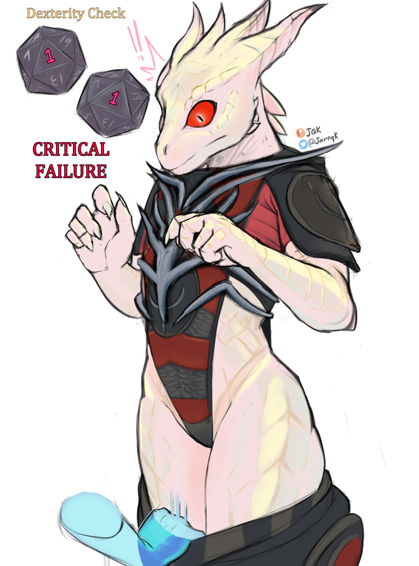 2023 absurd_res anthro baldur's_gate baldur's_gate_3 bottomwear bottomwear_down clothed clothing dice digital_media_(artwork) dragonborn_(dnd) dungeons_and_dragons english_text hasbro hi_res jarnqk mage_hand pants pants_down partially_clothed red_sclera signature simple_background surprise text the_dark_urge_(baldur's_gate) white_background wizards_of_the_coast