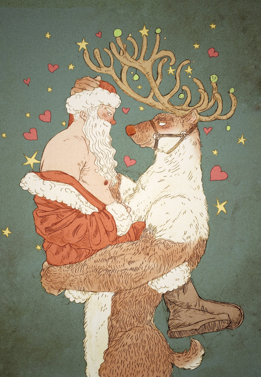 2boys absurdres antlers bara bare_pectorals beard bota86mochi carrying carrying_person christmas couple deer_tail eye_contact facial_hair from_side full_beard furry furry_male furry_with_non-furry hat highres interspecies looking_at_another loving_aura male_focus mature_male multiple_boys muscular muscular_male old old_man original partially_undressed pectorals profile red_headwear reindeer_antlers reindeer_boy santa_claus santa_costume santa_hat short_hair sparkling_aura tail thick_beard thick_eyebrows yaoi