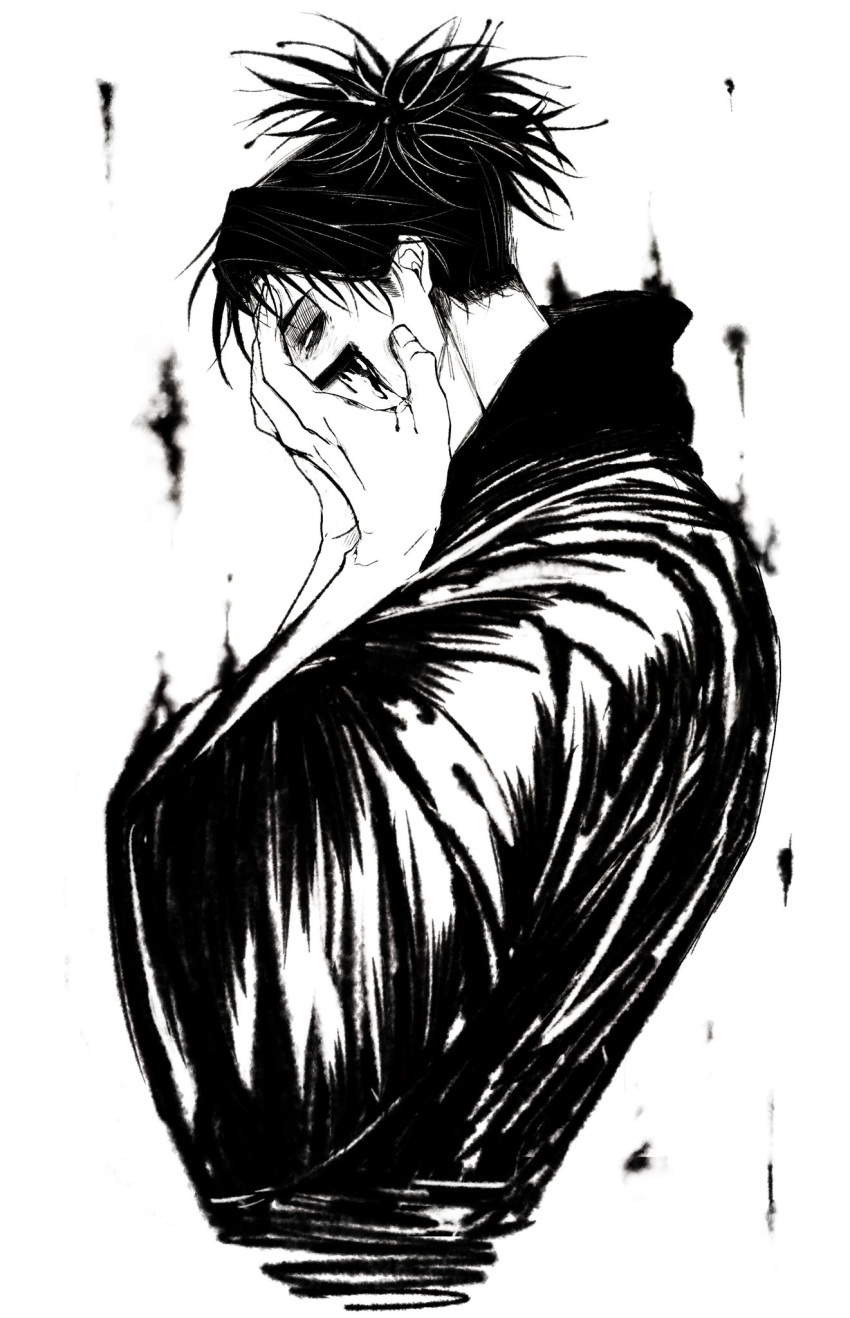 1boy bags_under_eyes blood choso_(jujutsu_kaisen) face_in_hands facial_tattoo highres jujutsu_kaisen looking_at_viewer male_focus medium_hair monochrome profile short_twintails solo tattoo twintails upper_body yume041624