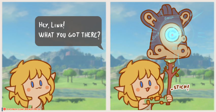 blonde_hair blush brachyzoid chibi clothing cloud day dialogue elf english_text grass hair hi_res holding_object humanoid humanoid_pointy_ears hylian light_body light_skin link long_hair male mountain nintendo not_furry open_mouth open_smile plant smile solo tears_of_the_kingdom text text_box the_legend_of_zelda toony tree url weapon