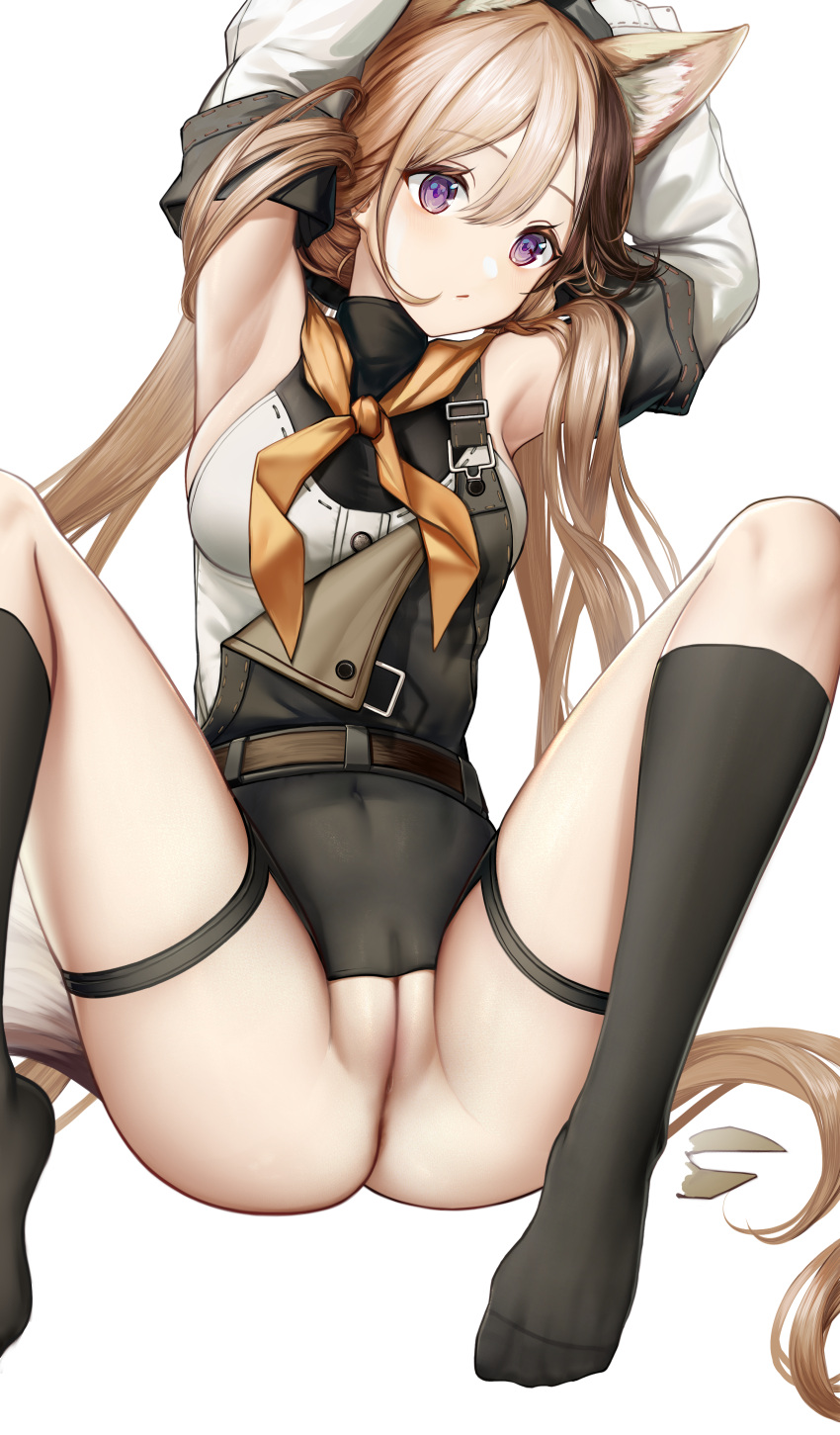 1girl absurdres animal_ear_fluff animal_ears argyle argyle_legwear arknights armpits arms_up black_socks brown_hair cardigan_(arknights) cardigan_(sunny_day)_(arknights) detached_sleeves extra_ears feet foot_out_of_frame hair_between_eyes highres kneehighs knees_up legs long_hair long_sleeves looking_at_viewer multicolored_hair no_shoes nopetroto purple_eyes pussy shirt simple_background sleeveless sleeveless_shirt socks solo spread_legs streaked_hair tail thigh_strap toes uncensored variant_set very_long_hair white_background white_shirt white_sleeves